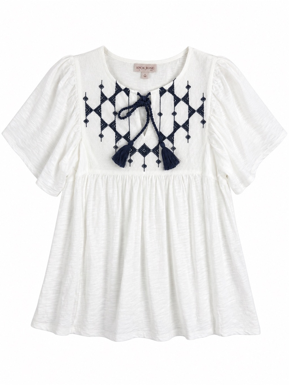 Knox Rose White Navy Embroidered Peasant Blouse NWT Medium